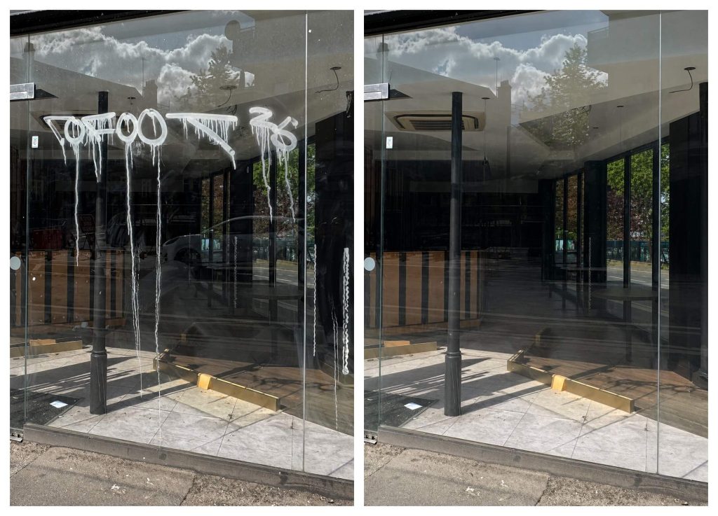 acid etched graffiti removal from glass london (1)